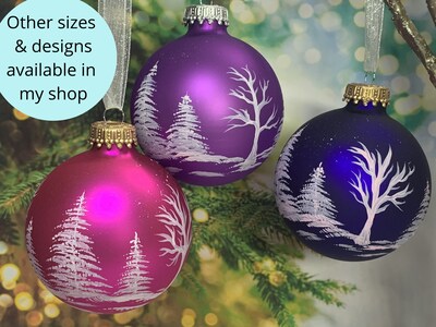 Snow covered trees painted on amethyst purple matte glass ornaments, glass Christmas keepsake ornaments, gift box optional - image6